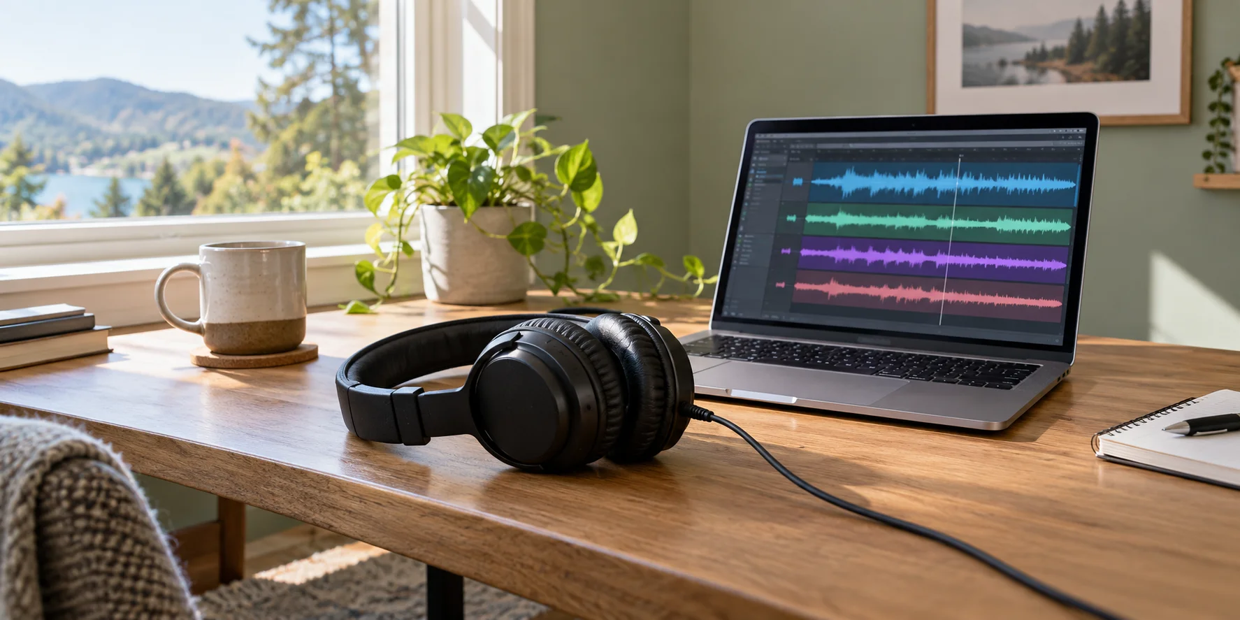 Symbolbild: Musikproduktion am Rechner mit Kopfhörern, ohne Lautsprecher